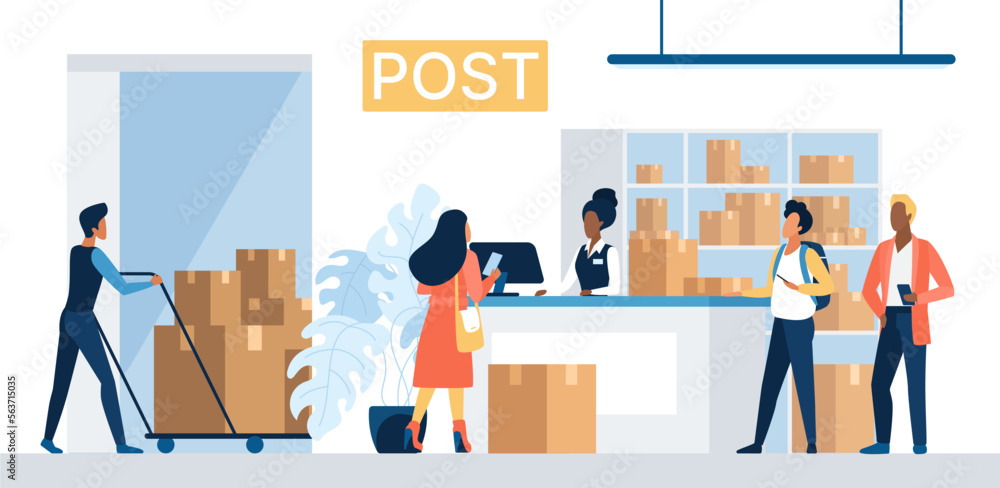 Vecteur Stock Delivery to post office, postal service vector illustration.  Cartoon woman standing at reception desk to receive, send or return order  parcel or letter, worker pushing cart with boxes to warehouse