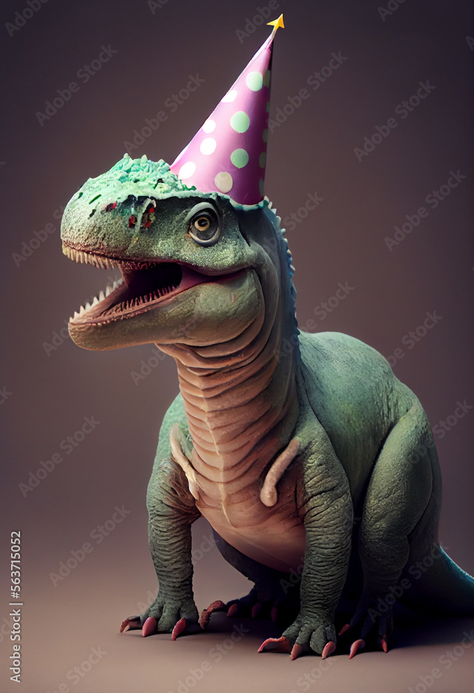 Portrait von einem Dinosaurier mit Partyhut und Geburtstagstorte am Geburtstag feiern vor pastellfarbenen Hintergrund - Generative Ai