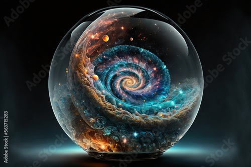 Fototapete a glass ball with a spiral design inside of it on a table top with a black background and a blue background with a light blue and orange swirl in the center of the center of the