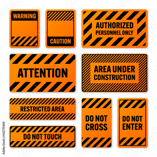Various black and orange warning signs with diagonal lines. Attention, danger or caution sign, construction site signage. Realistic notice signboard, warning banner, road shield. Vector illustration