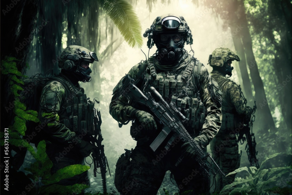 jungle Special Forces Military Unit in Full Tactical Gear in the desert, generative ai forest scene