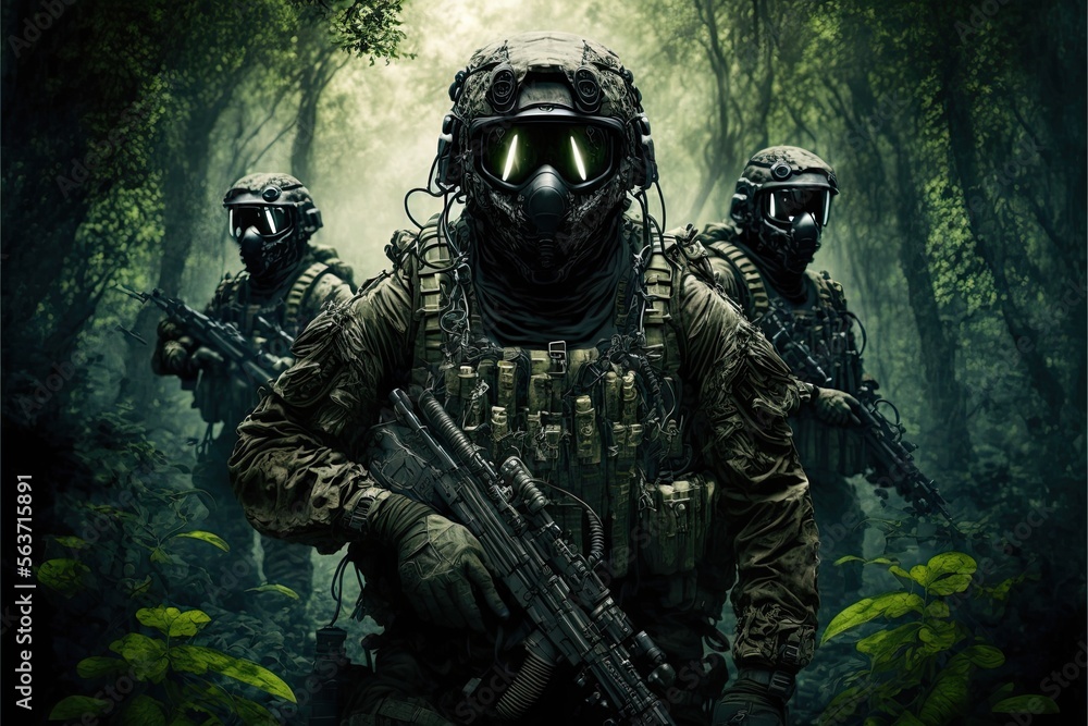 jungle Special Forces Military Unit in Full Tactical Gear in the desert, generative ai forest scene jungle Special Forces Military Unit in Full Tactical Gear in the desert, generative ai forest scene