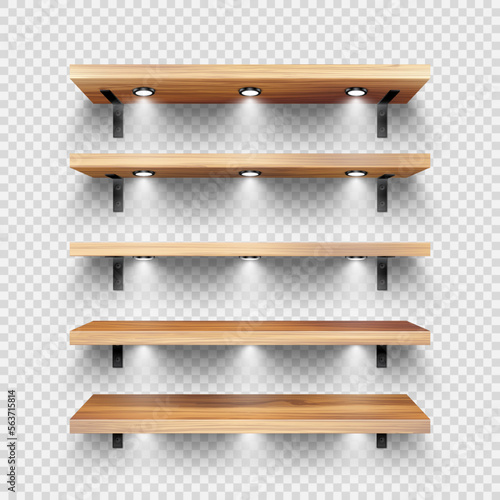 Realistic wooden store shelves with wall mount and lighting, spotlights. Empty product shelf, grocery wall rack. Mall and supermarket furniture, bookshelf. Interior design. Vector illustration