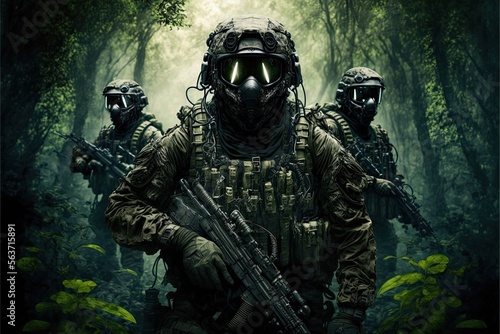 jungle Special Forces Military Unit in Full Tactical Gear in the desert, generative ai forest scene