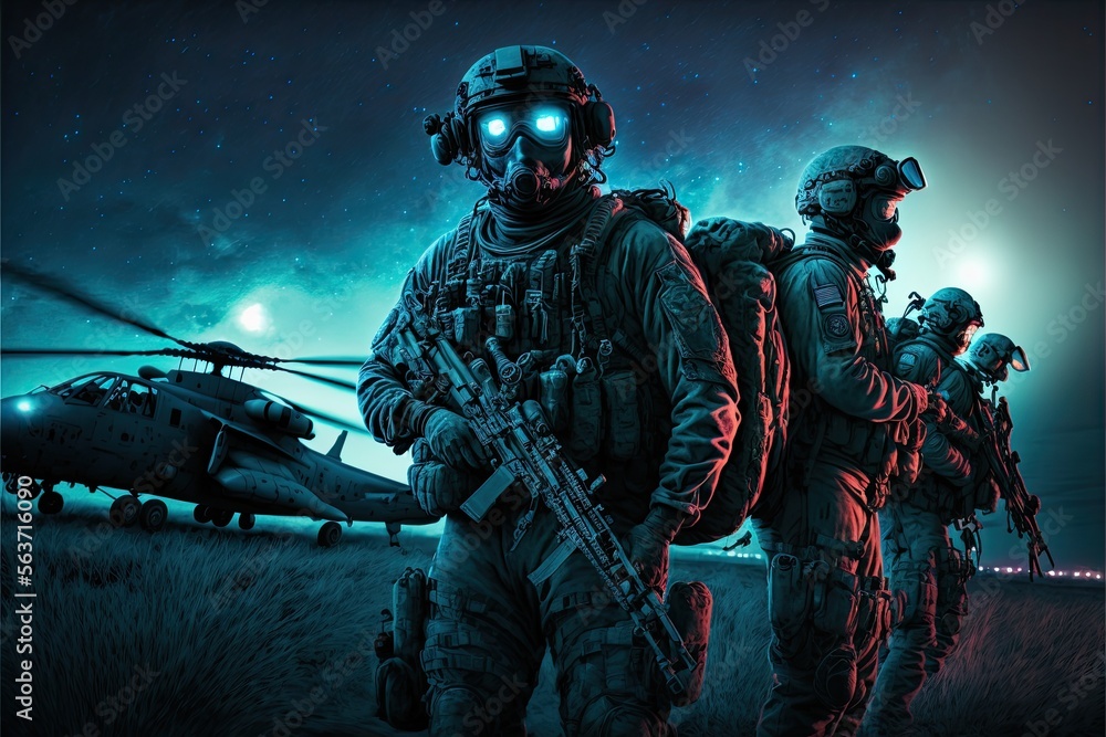 night warehouse attack by Special Forces Military Unit in Full Tactical Gear in the desert, generative ai night warehouse attack by Special Forces Military Unit in Full Tactical Gear in the desert, generative ai