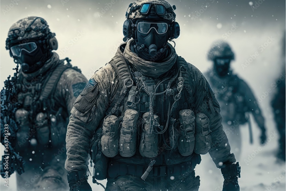 Snow Special Forces Military Unit in Full Tactical Gear in the desert, generative ai ice cold scene - obrazy, fototapety, plakaty 