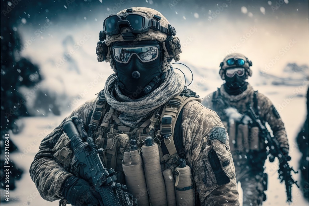 Snow Special Forces Military Unit in Full Tactical Gear in the desert, generative ai ice cold scene Snow Special Forces Military Unit in Full Tactical Gear in the desert, generative ai ice cold scene