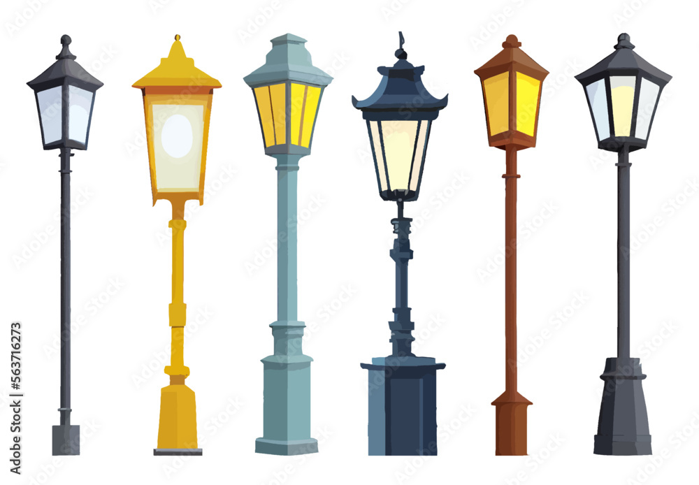 A beautiful set of lighting fixtures for outdoor urban lighting in flat style. Isolated vintage style with various shapes and types of street lamps. Vector illustration - obrazy, fototapety, plakaty 