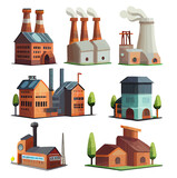 Colorful set of plants in cartoon style isolated on white background. Various types of factory buildings for heavy and light industry. Green industry and ecological processing of production. Vector
