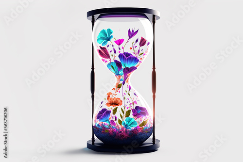Fantasy colorful time hourglass with flowers on white background. Generative AI