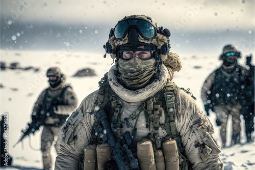 Snow Special Forces Military Unit in Full Tactical Gear in the desert, generative ai ice cold scene © Ecleposs