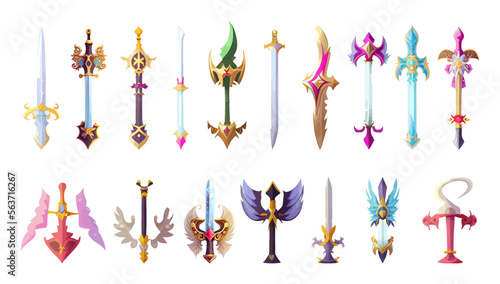 Colorful Fairy Tale knight swords weapon for game interface. Vector cartoon set of fantasy metal different kind of swords isolated on background. Flat style. Vector illustration