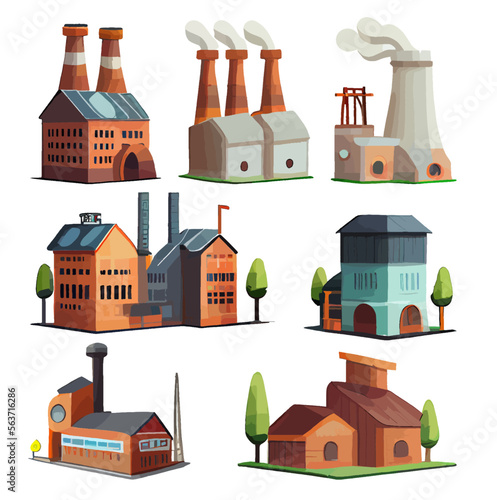 Colorful set of plants in cartoon style isolated on white background. Various types of factory buildings for heavy and light industry. Green industry and ecological processing of production. Vector