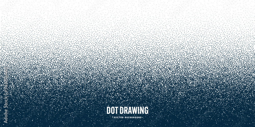Obraz premium Stipple pattern, dotted geometric background. Stippling, dotwork drawing, shading using dots. Pixel disintegration, random halftone effect. White noise grainy texture. Vector illustration