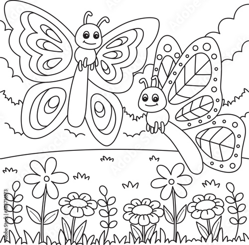 Spring Two Butterflies Coloring Page for Kids