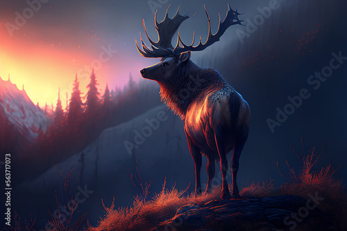 Epic elk looking out towards the landscape, sunset, pose, animal. Generative ai