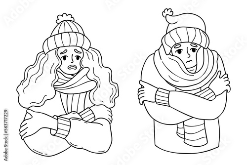cold girl and man in knitted hat and wrapped in scarf freezing wearing and shivering. Outline vector illustration. hand drawn doodle. Winter season and suffering of low minus degrees temperature.