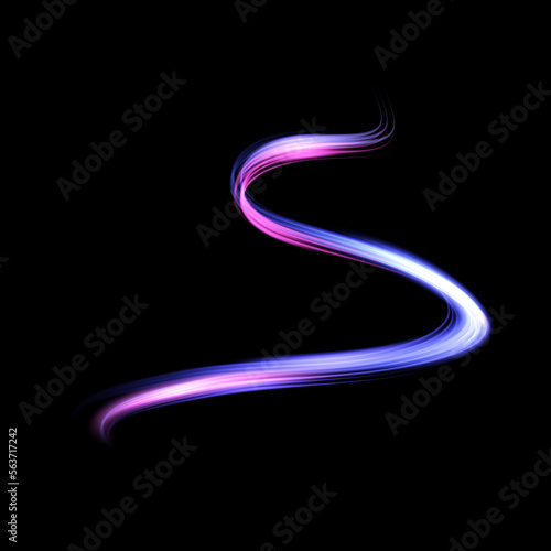 Light whirl. Curve neon line light effect. Glowing blue purple curved line for gaming industry advertising web design.