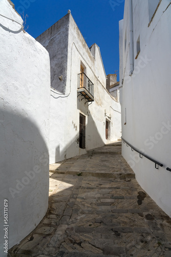 Beautiful street in the historical center of the white beautiful village of Vejer de la Frontera in a sunny day, Cadiz province, Andalusia, Spain