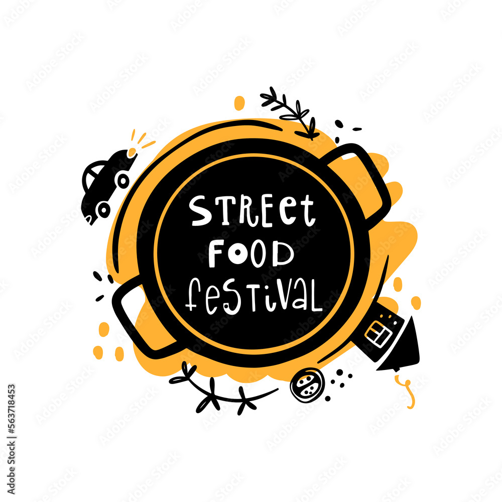 Vetor de Street food festival. Logo, icon and label. Hand-lettering ...