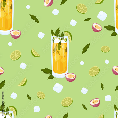 Seamless pattern with summer cocktail Passion Fruit Mojito in glass with ice cubes , lime and mint on green background. Vector pattern with latin american tropical drink.