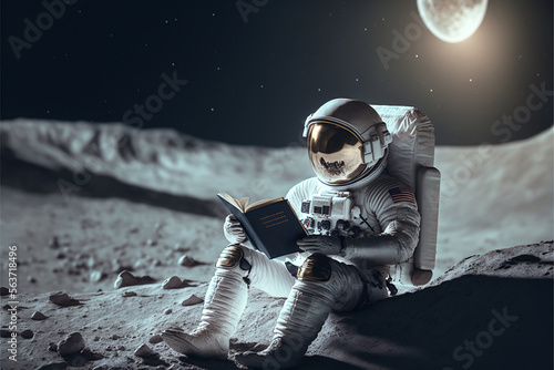 Fotografia Astronaut reading a book on an alien planet, travel and lifestyle concept of ast
