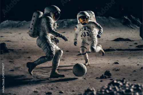 Two astronauts playing football on an alien planet, astronaut travel and healthy lifestyle concept, active pastime idea, illustration art generated by AI, uncharted space photo