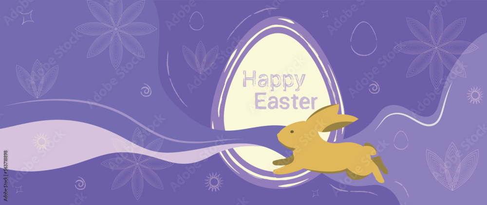Easter holidays banner with jumping rabbit bunny and easter eggs in purple colours vector illustration