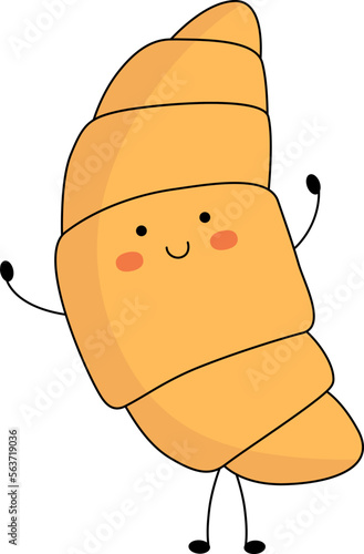 Cute croissant character with smiling face, hands and legs. Funny, happy cartoon mascot. Vector flat illustration