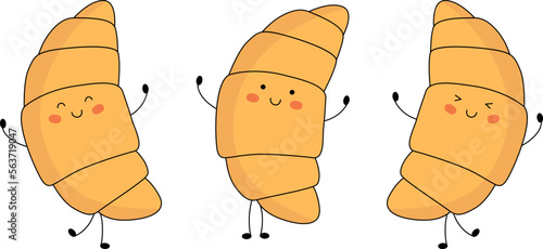 Set of cute croissant characters with face with different emotions, hands and legs. Funny, happy cartoon mascot. Vector flat illustration