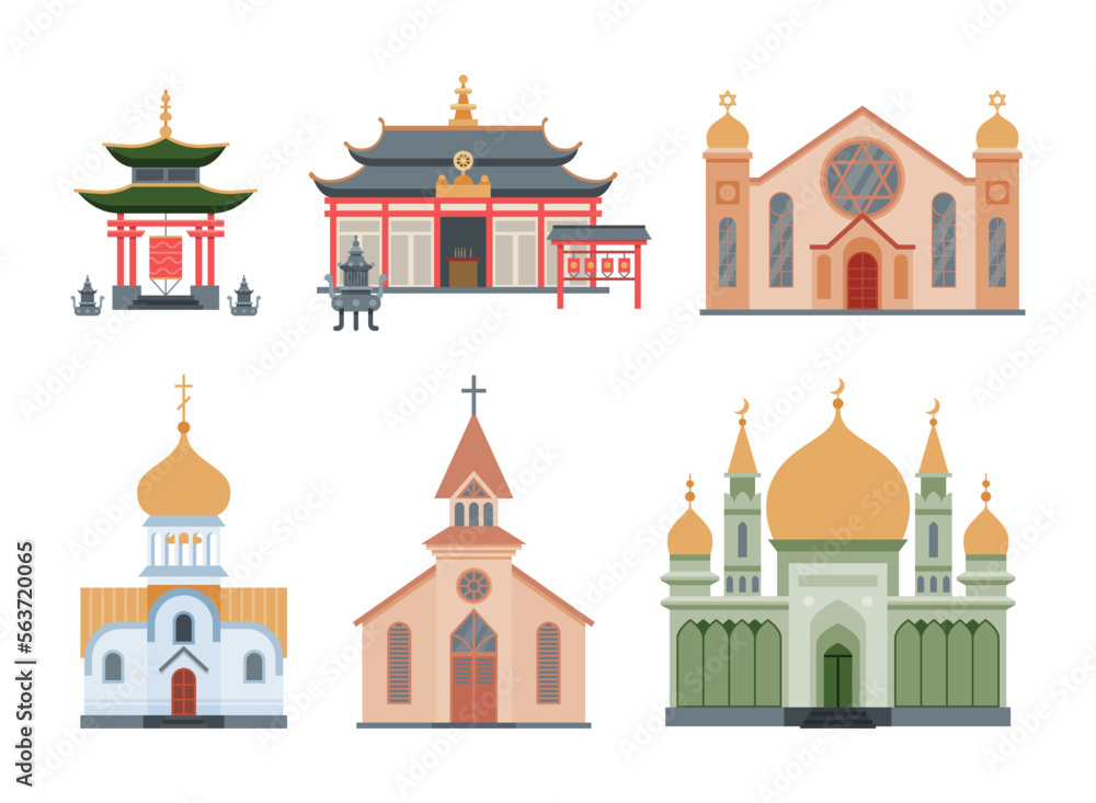Religious Buildings with Different Churches and Temples Facades Vector Set