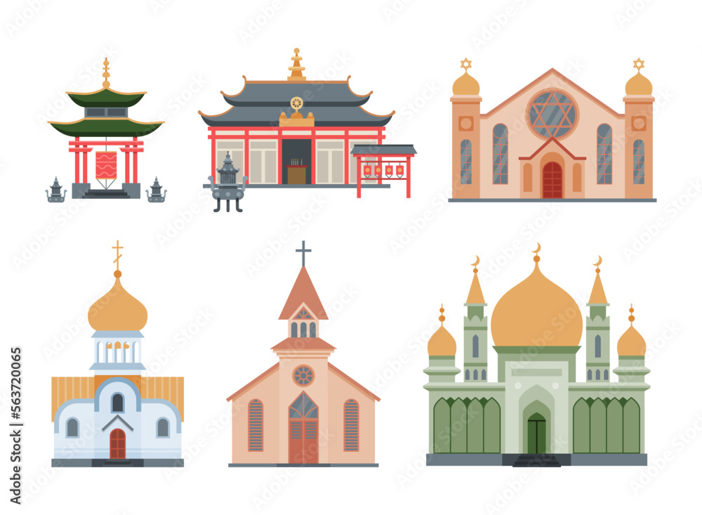 Fototapeta premium Religious Buildings with Different Churches and Temples Facades Vector Set