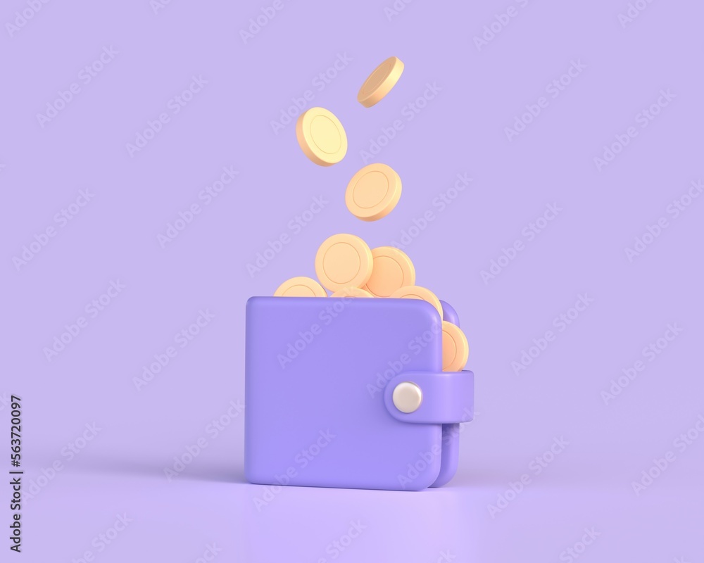 3d wallet and golden coins falling into it in cartoon style. concept of payment for services or accumulation of finance. illustration isolated on purple background. 3d rendering 3d wallet and golden coins falling into it in cartoon style. concept of payment for services or accumulation of finance. illustration isolated on purple background. 3d rendering