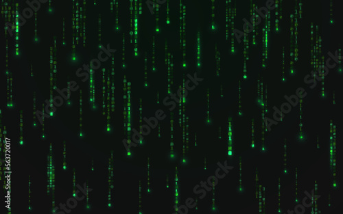 Binary background. Green matrix texture with running numbers. Abstract falling digits. Futuristic data stream. Random code with lights. Vector illustration