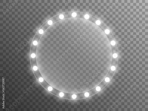 Mirror with lights. Makeup mirror with white lamps. Illuminated frame with silver bulbs. Glowing glass template. Vector illustration