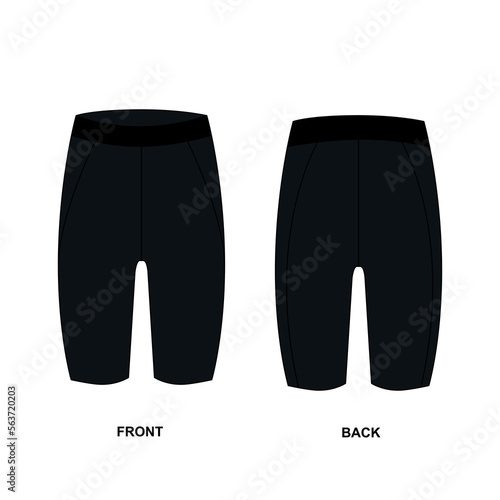 Sketch of black bicycle shorts, vector. Template of sports cycling shorts on a white background. Short black tight-fitting underwear shorts front and back view.