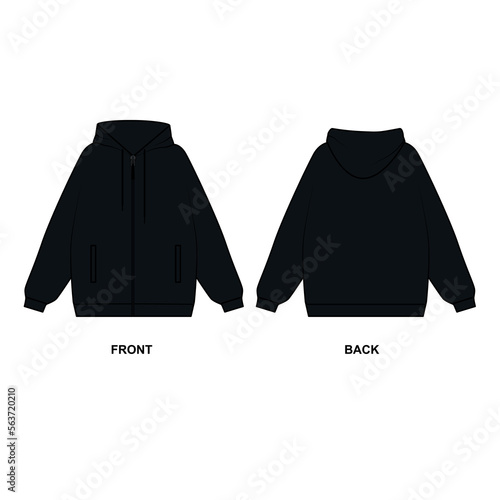 Outline vector drawing of fashionable hoodie. Hoodie with zipper and pockets, vector. Black hoodie with a zipper painted on a white background front and back view