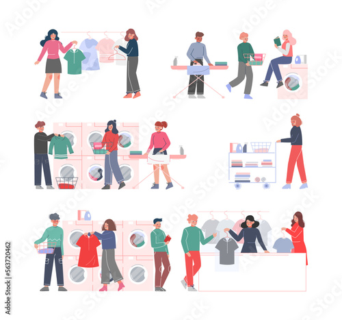 People Characters in Laundry Service with Washing Machine Vector Set