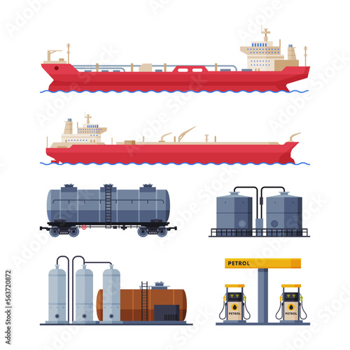 Oil and Petrol Industry with Tanker, Cistern and Station Vector Set
