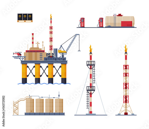 Oil and Petrol Industry with Plant with Tower and Station with Cistern Vector Set