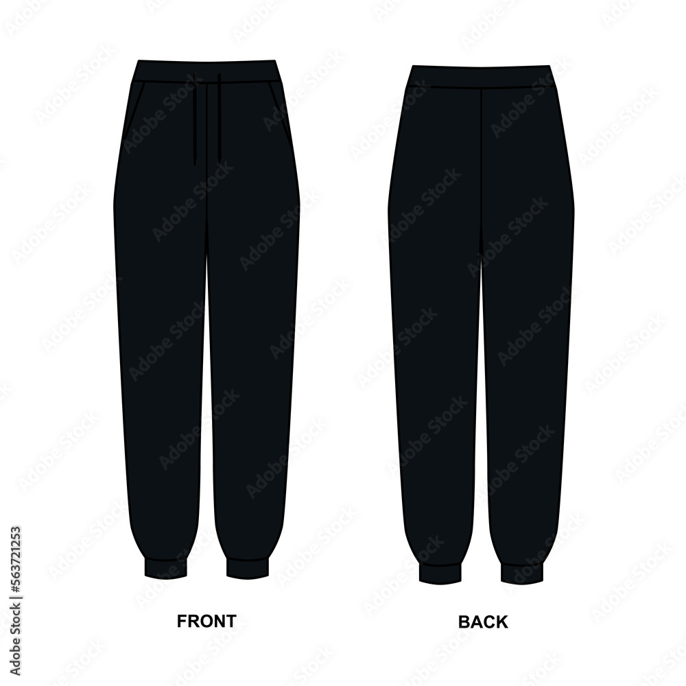 Sketch of sports pants black, vector. Template of the Joggers models in front and back. Black pants drawn on a white background. Sketch of sports pants black, vector. Template of the Joggers models in front and back. Black pants drawn on a white background.
