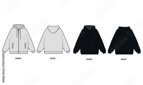 Vector sketch of a hoodie on a white background. Set of templates hooded sweatshirt front and back view. Fashionable oversized sweatshirt with a hood, white and black colors vector.