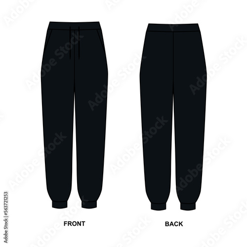 Sketch of sports pants black, vector. Template of the Joggers models in front and back. Black pants drawn on a white background.