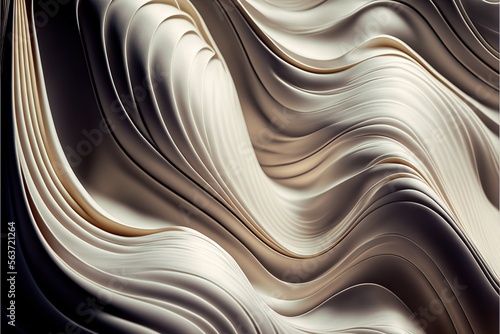  a computer generated image of a wavy pattern of white and gold colors on a black background with a black background and white background with gold and white border at the bottom corner. Generative AI