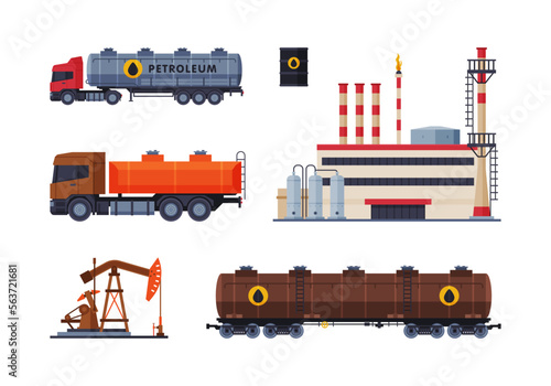Oil and Petrol Industry with Derrick, Cargo Transport and Plant Vector Set