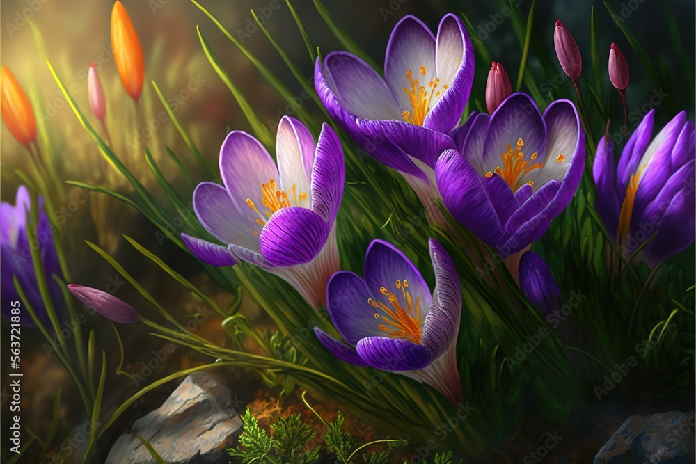  a painting of purple flowers with orange centers in the grass and rocks in the foreground, with a yellow center and orange center in the middle of the picture, and a green center. Generative AI