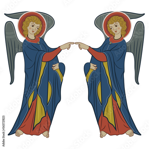 Symmetrical design with two standing medieval angels touching hands. Isolated vector illustration.