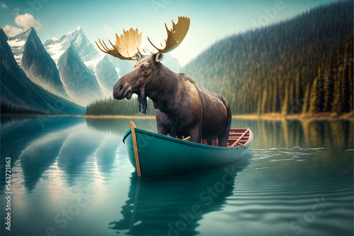 Fotografiet Proud Canadian Bull Moose with antlers, travels in a canoe on a lake or river with beautiful landscape of mountain, trees and blue water