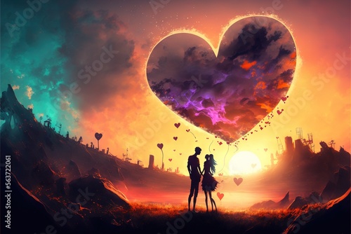  a couple standing in front of a heart shaped balloon in the sky with a sunset behind them and a city in the distance with a heart shaped balloon in the sky above them  with. Generative AI