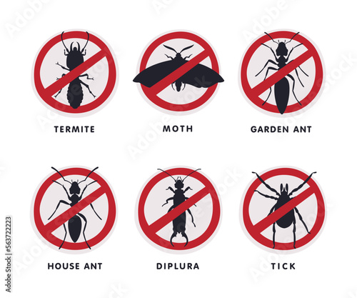 Stop Insect Ban Sign with Red Cross Circle and Bug Inside Vector Set